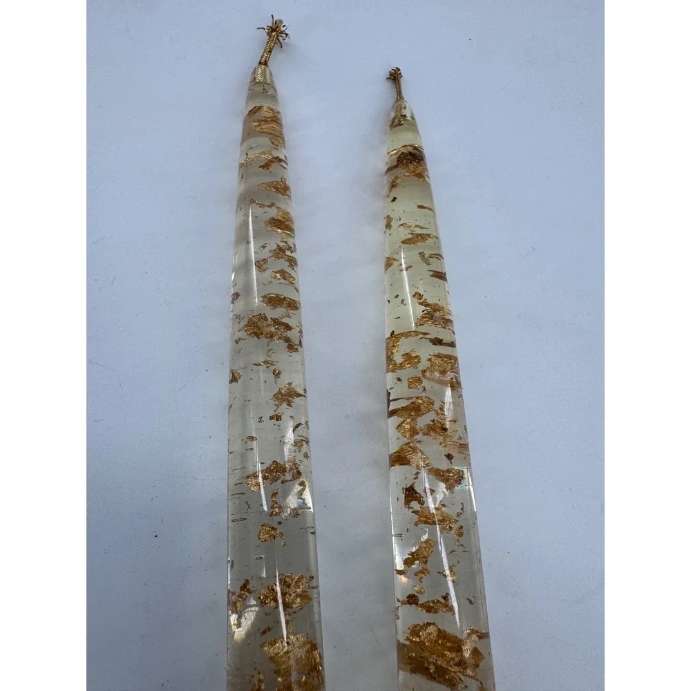 Lucite Taper‎ Candles 8in Clear Gold Leaf Flake Acrylic Set of 2 MCM